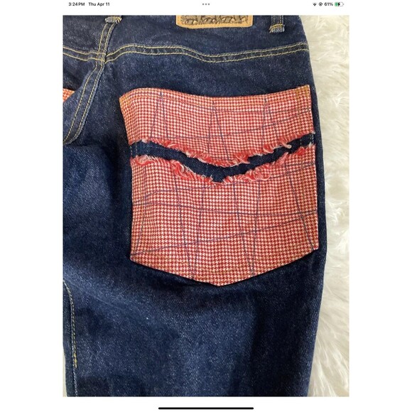 Christopher NEMETH Vintage Dark Denim Red Gingham Patchwork Cropped Jeans Small - Picture 6 of 9